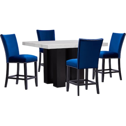 Artemis Counter-Height Marble Dining Table and 4 Upholstered Stools - Blue