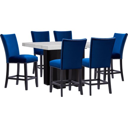Artemis Counter-Height Marble Dining Table and 6 Upholstered Stools - Blue