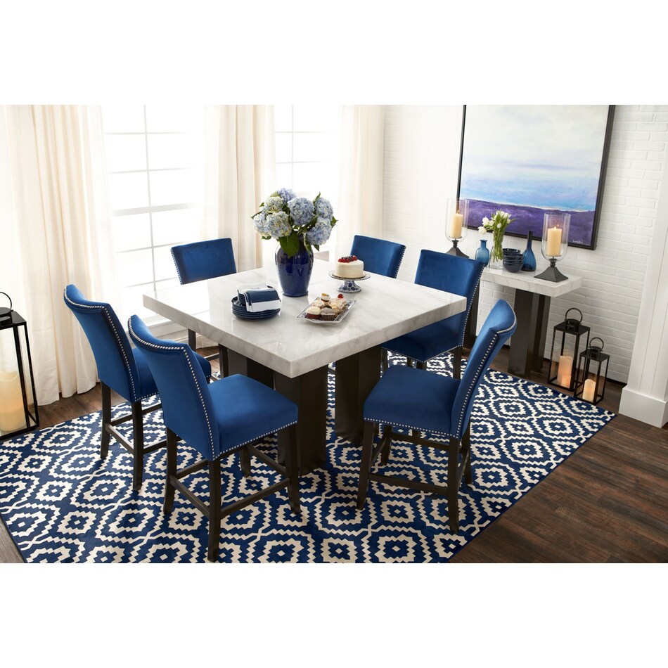 Artemis CounterHeight Marble Dining Table and 6 Upholstered Stools