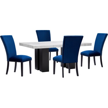 Artemis Marble Dining Table and 4 Upholstered Dining Chairs - Blue