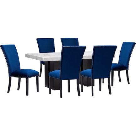 Artemis Marble Dining Table and 6 Upholstered Dining Chairs - Blue