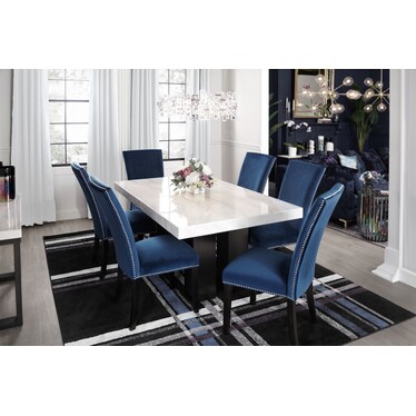 Artemis Marble Dining Table and 6 Upholstered Dining Chairs - Blue