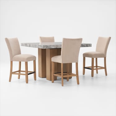 Artemis Marble Counter-Height Dining Table and 4 Upholstered Stools - Gray Marble/Beige