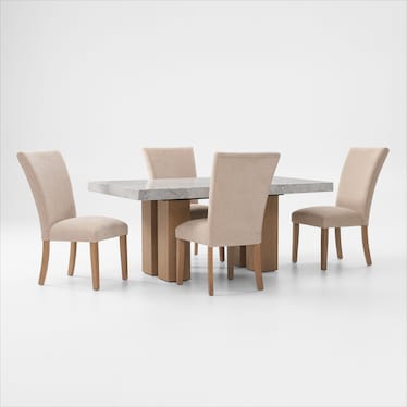 Artemis Marble Dining Table and 4 Upholstered Dining Chairs - Gray Marble/Beige