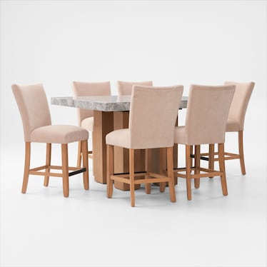 Artemis Marble Counter-Height Dining Table and 6 Upholstered Stools - Gray Marble/Beige