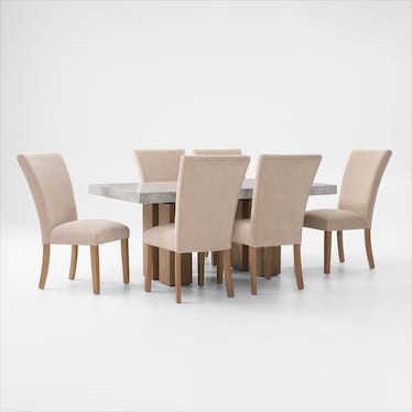 Artemis Marble Dining Table and 6 Upholstered Dining Chairs - Gray Marble/Beige