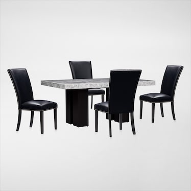 Artemis Marble Dining Table and 4 Upholstered Dining Chairs - Gray Marble/Black