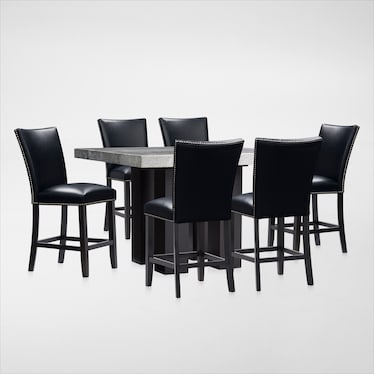 Artemis Marble Counter-Height Dining Table and 6 Upholstered Stools - Gray Marble/Black
