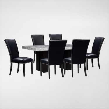 Artemis Marble Dining Table and 6 Upholstered Dining Chairs - Gray Marble/Black