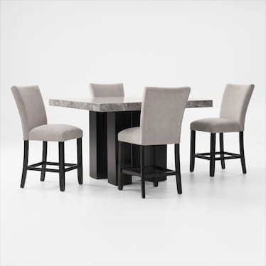 Artemis Marble Counter-Height Dining Table and 4 Upholstered Stools - Gray Marble/Black