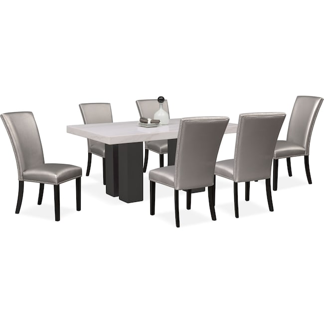 Dining Room Furniture - Artemis Marble Dining Table and 6 Upholstered Dining Chairs
