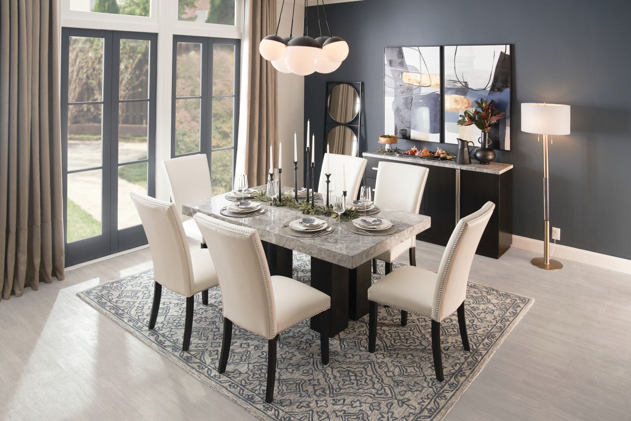 marble dining table with bench and chairs