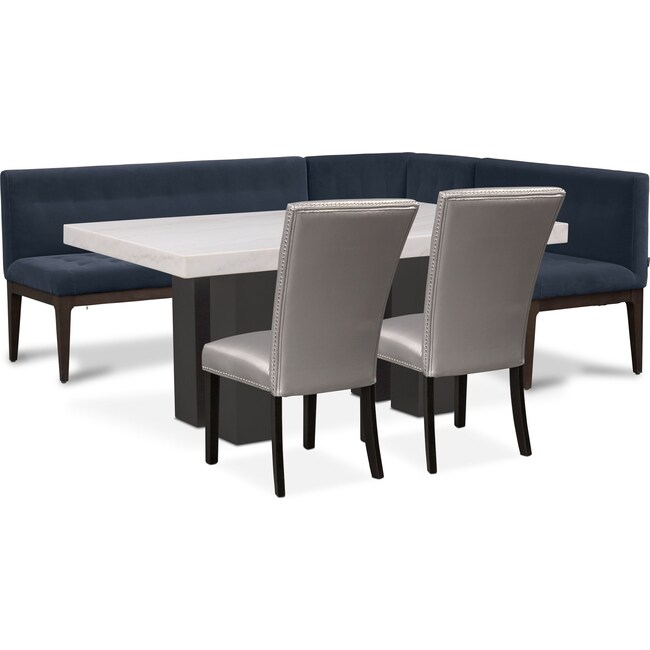 Dining Room Furniture - Artemis Marble Dining Table, Corner Banquette, and 2 Upholstered Dining Chairs