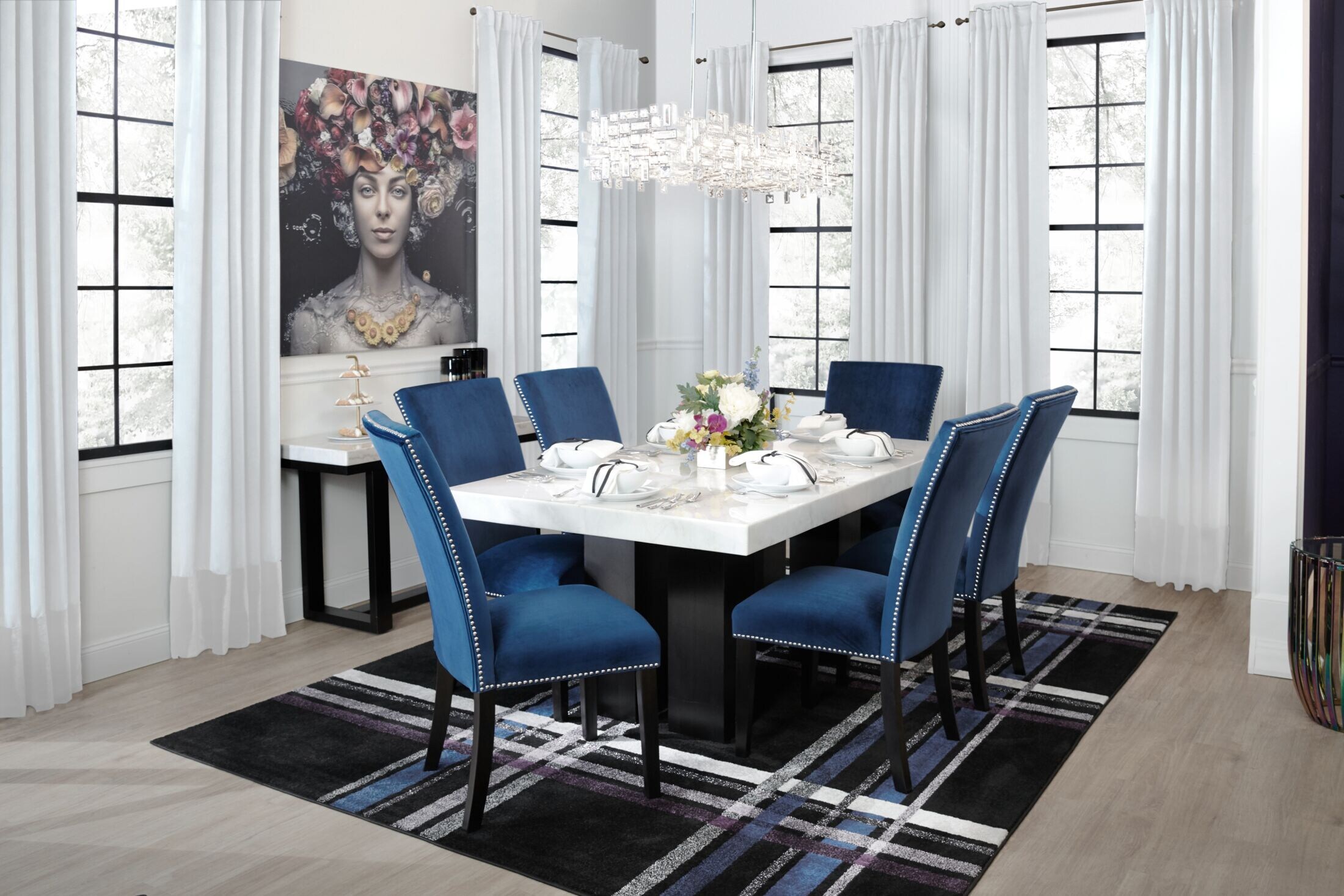 White marble dining table with blue chairs hot sale