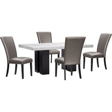 Artemis Marble Dining Table and 4 Upholstered Dining Chairs - White Marble/Gray