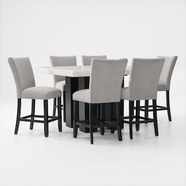 Artemis Marble Counter-Height Dining Table and 6 Upholstered Stools - White Marble/Black