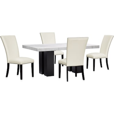 Artemis Marble Dining Table and 4 Upholstered Dining Chairs - White Marble/White