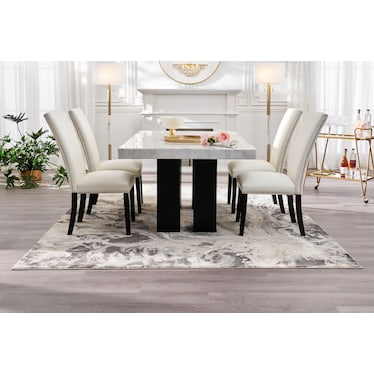 Artemis Marble Dining Table and 4 Upholstered Dining Chairs - White Marble/White
