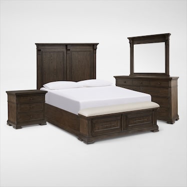 Asheville 6-Piece Storage Bedroom Set with Dresser, Mirror, and Nightstand with USB Charging