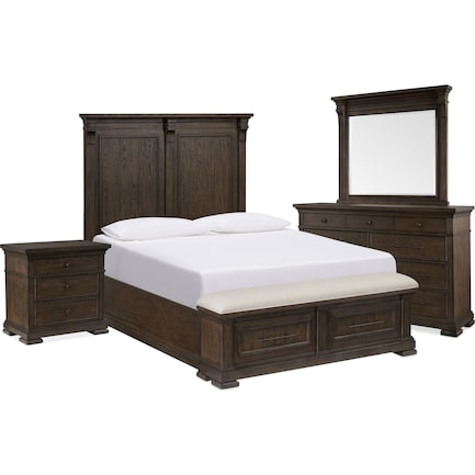 Asheville 6-Piece Queen Storage Bedroom Set with Dresser, Mirror, and Charging Nightstand - Tobacco