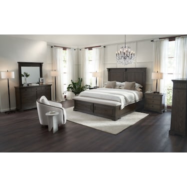 Asheville 6-Piece Queen Storage Bedroom Set with Dresser, Mirror, and Charging Nightstand - Tobacco
