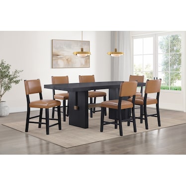 Auburn Counter-Height Dining Table and 6 Upholstered Stools - Light Brown/Black Legs