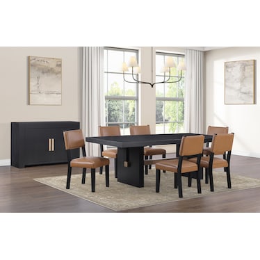 Auburn Dining Table and 6 Upholstered Dining Chairs - Light Brown/Black Legs