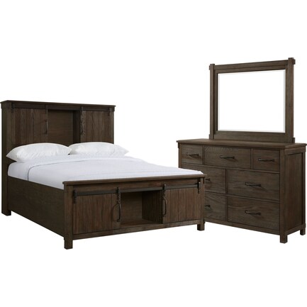 Barn Door 5-Piece King Bedroom Set with Dresser and Mirror - Brown