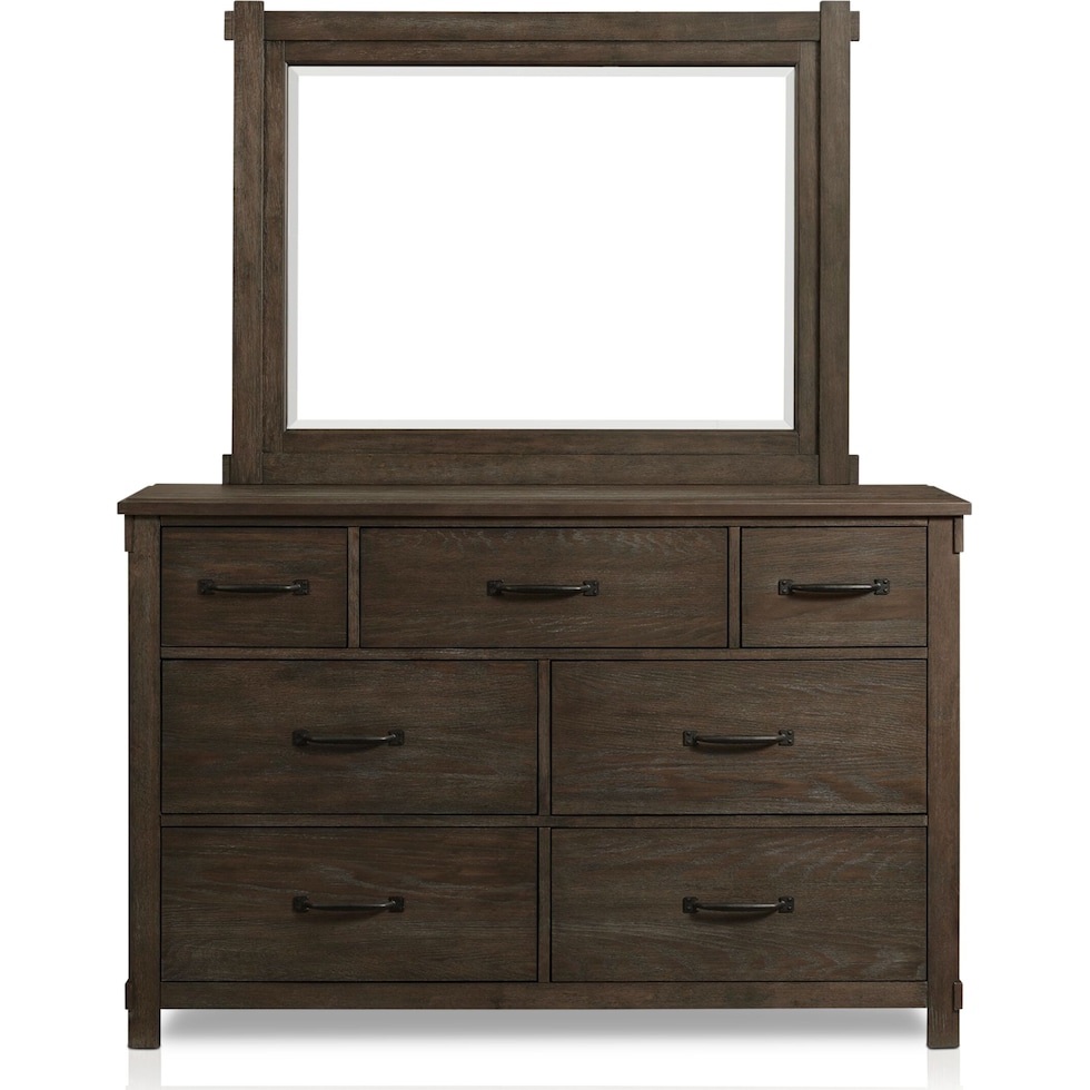 barn door dark brown dresser & mirror   