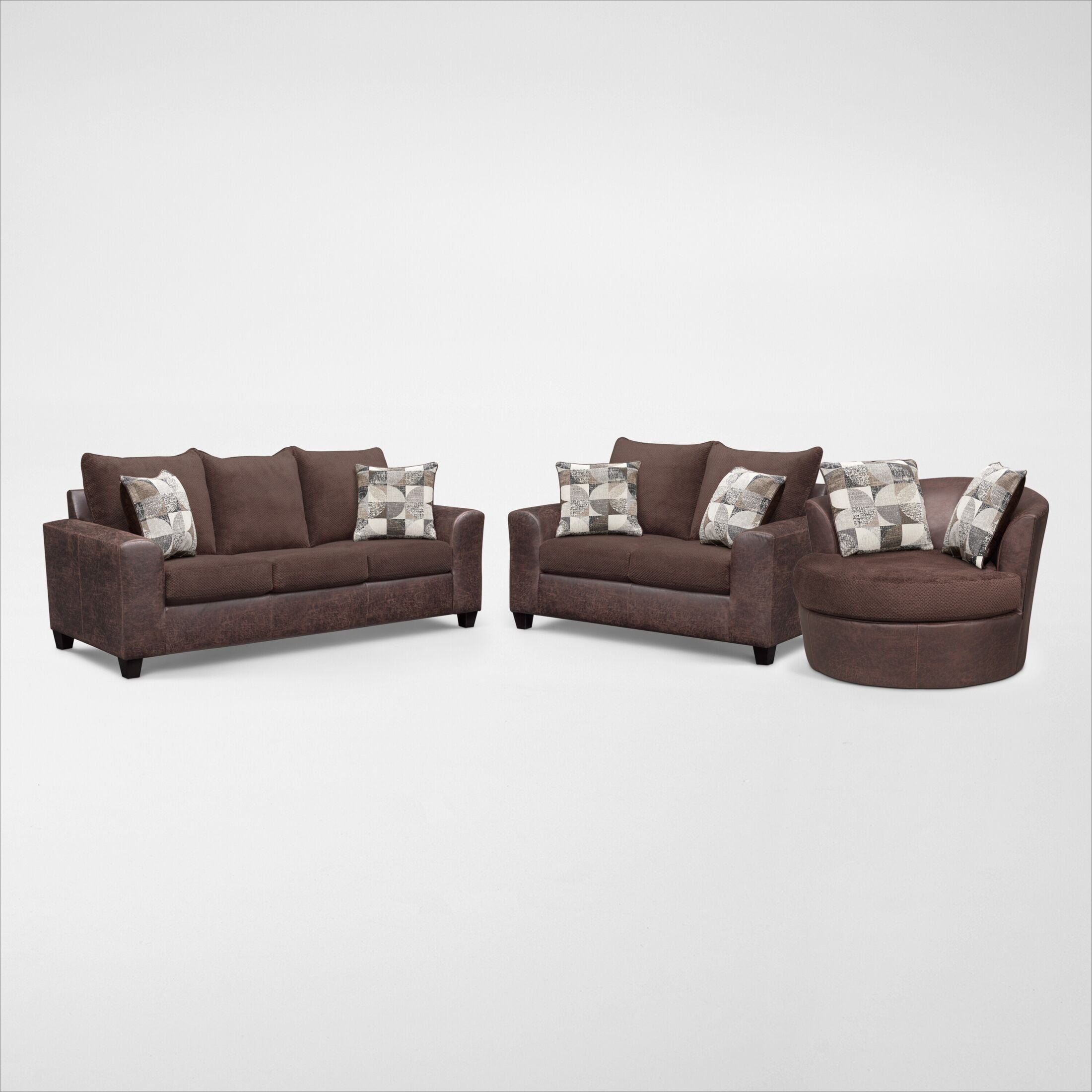 Brando Sofa, Loveseat and Swivel Chair Chocolate American Signature