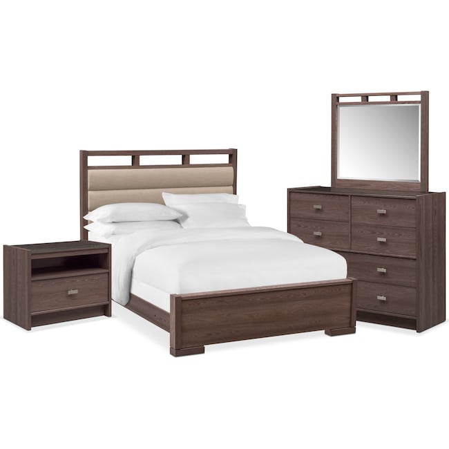 Bedroom Furniture - Britto 6-Piece Upholstered Bedroom Set with Nightstand, Dresser and Mirror
