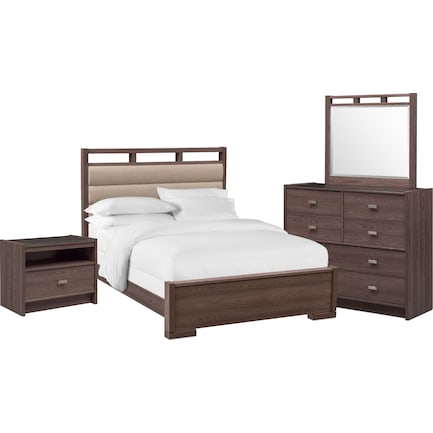 Britto 6-Piece Queen Upholstered Bedroom Set with Nightstand, Dresser and Mirror - Graystone