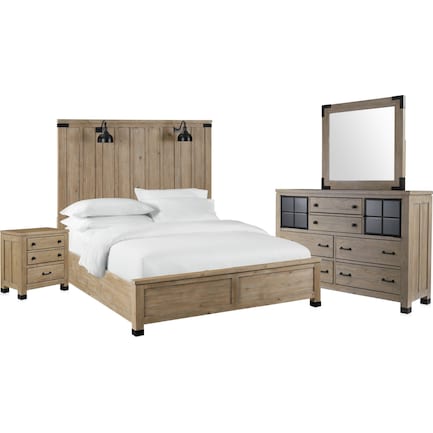 Brooke Harbor 6-Piece King Panel Bedroom Set with Nightstand, Dresser and Mirror - Natural