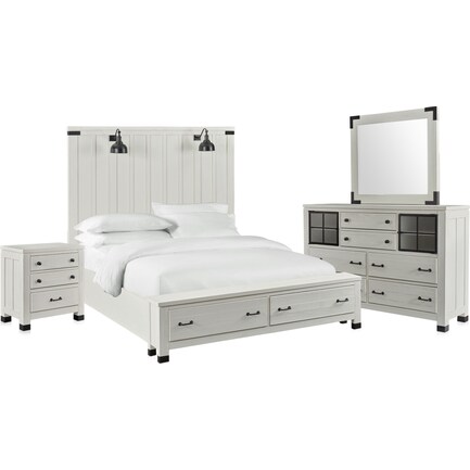 Brooke Harbor 6-Piece Queen Storage Bedroom Set with Nightstand, Dresser and Mirror - White
