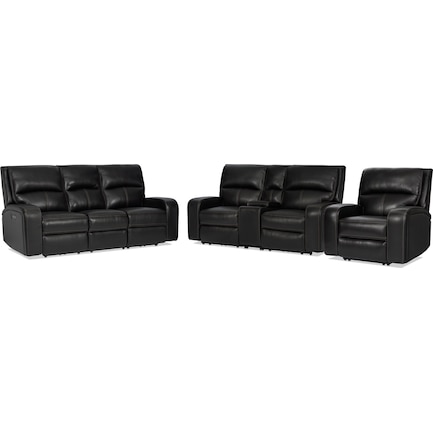 Burke Dual Power Reclining Leather Sofa, Loveseat, and Recliner - Black