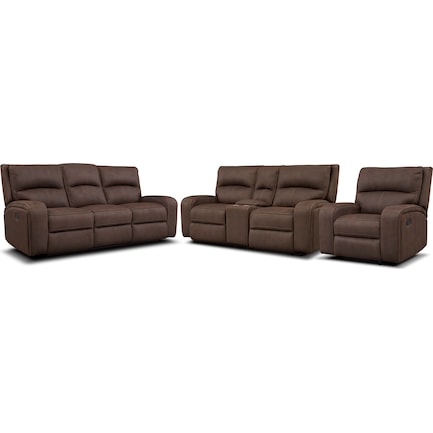 Burke Manual Reclining Sofa, Loveseat with Console and Recliner - Brown