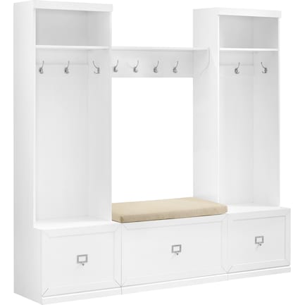 Caddie 4-Piece Entryway Set with Bench, Shelf and 2 Hall Trees - White