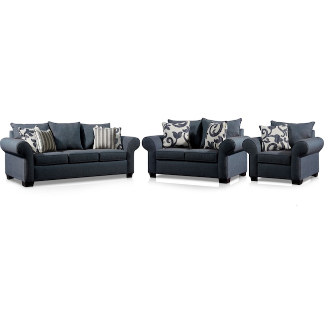 Living Room Furniture - Calloway Sofa, Loveseat and Chair - Blue