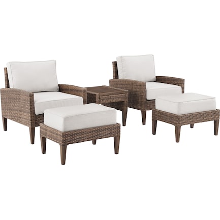 Capri Outdoor Set of 2 Armchairs, End Table and 2 Ottomans - Brown