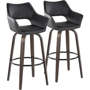 Casio Set of 2 Swivel Bar Stools - Black Vegan Leather/Dark Walnut