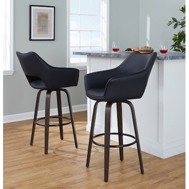 Casio Set of 2 Swivel Bar Stools - Black Vegan Leather/Dark Walnut