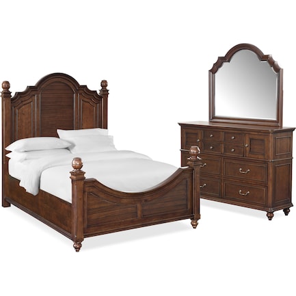 Charleston 5-Piece Queen Poster Bedroom Set with Dresser and Mirror - Tobacco