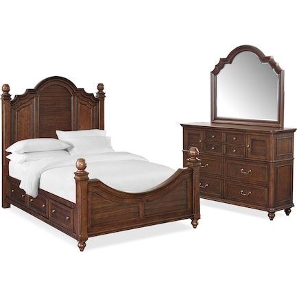 Charleston 5-Piece Poster Storage Bedroom Set with 4 Underbed Drawers, Dresser and Mirror
