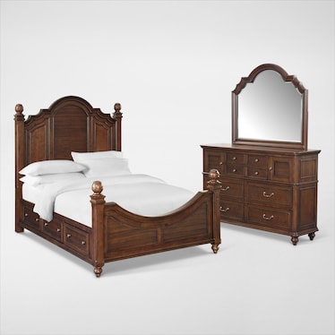 Charleston 5-Piece Poster Storage Bedroom Set with 4 Underbed Drawers, Dresser and Mirror