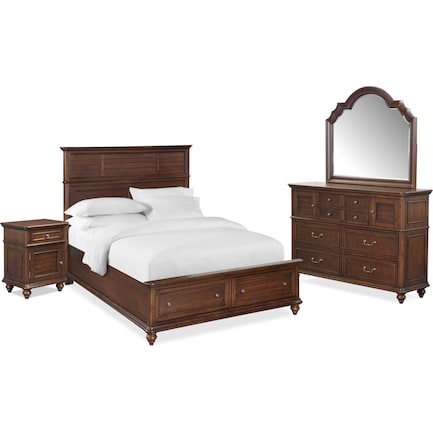 Charleston 6-Piece Queen Panel Storage Bedroom Set with Nightstand, Dresser and Mirror - Tobacco