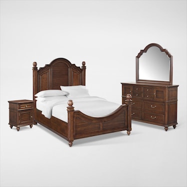 Charleston 6-Piece Poster Bedroom Set with Nightstand, Dresser and Mirror