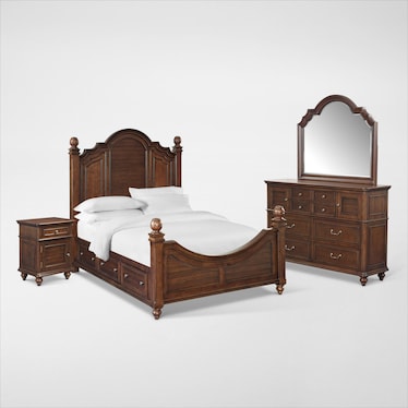 Charleston 6-Piece Poster Bedroom Set with 4 Underbed Drawers, Nightstand, Dresser and Mirror