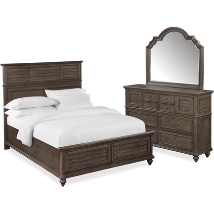 Charleston 5-Piece Queen Panel Storage Bedroom Set with Dresser and Mirror - Gray