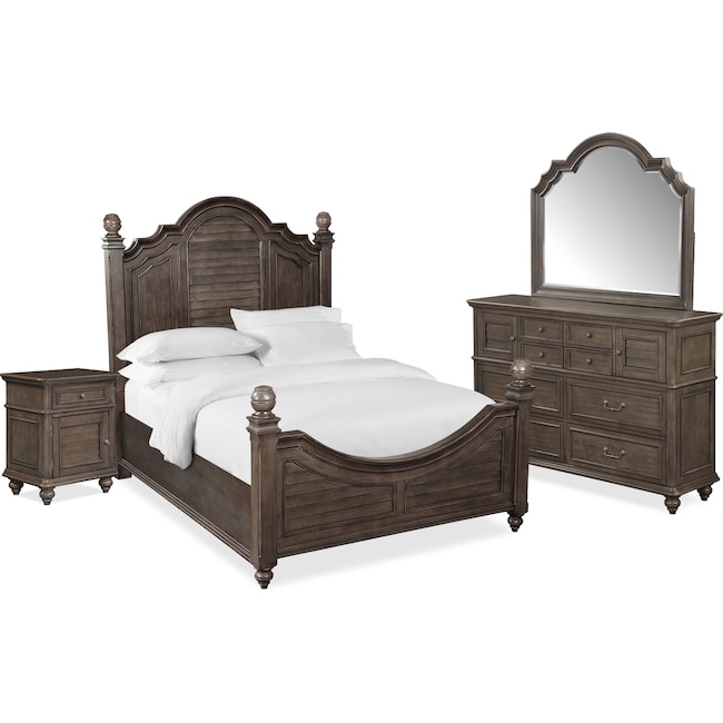 Bedroom Furniture - Charleston 6-Piece Poster Bedroom Set with Nightstand, Dresser and Mirror