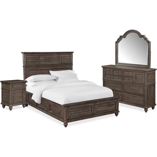 Bedroom Furniture - Charleston 6-Piece Panel Storage Bedroom Set with 6 Underbed Drawers, Nightstand, Dresser and Mirror